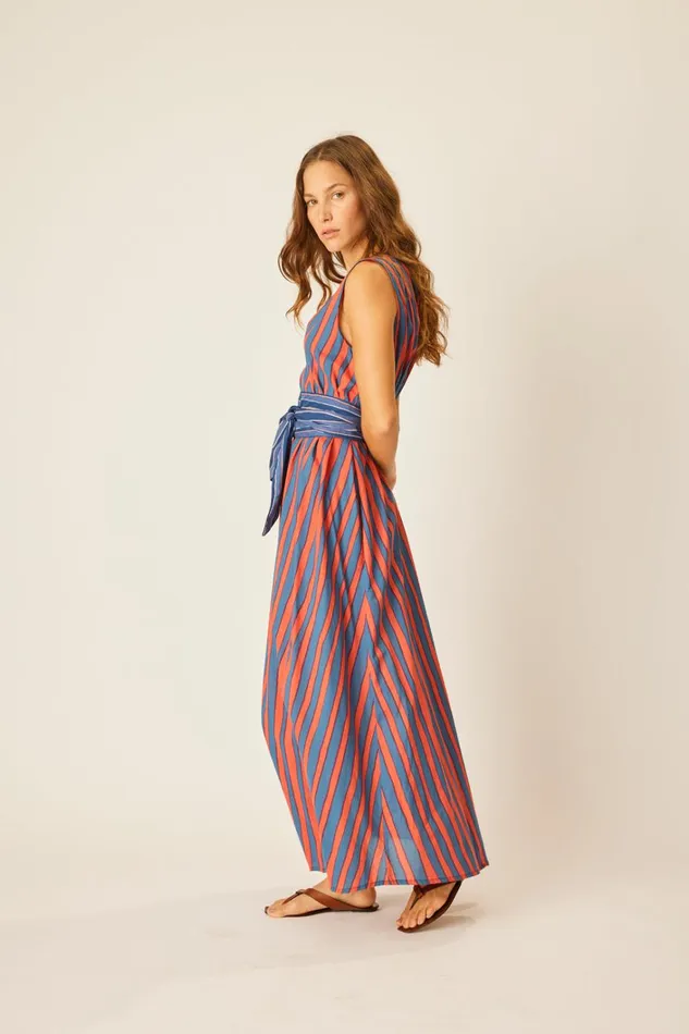 Women Natalie Martin Dresses Tova Maxi With Contrasting Belt Batik Stripe Blood Orange