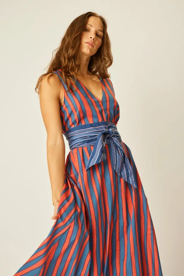 Women Natalie Martin Dresses Tova Maxi With Contrasting Belt Batik Stripe Blood Orange