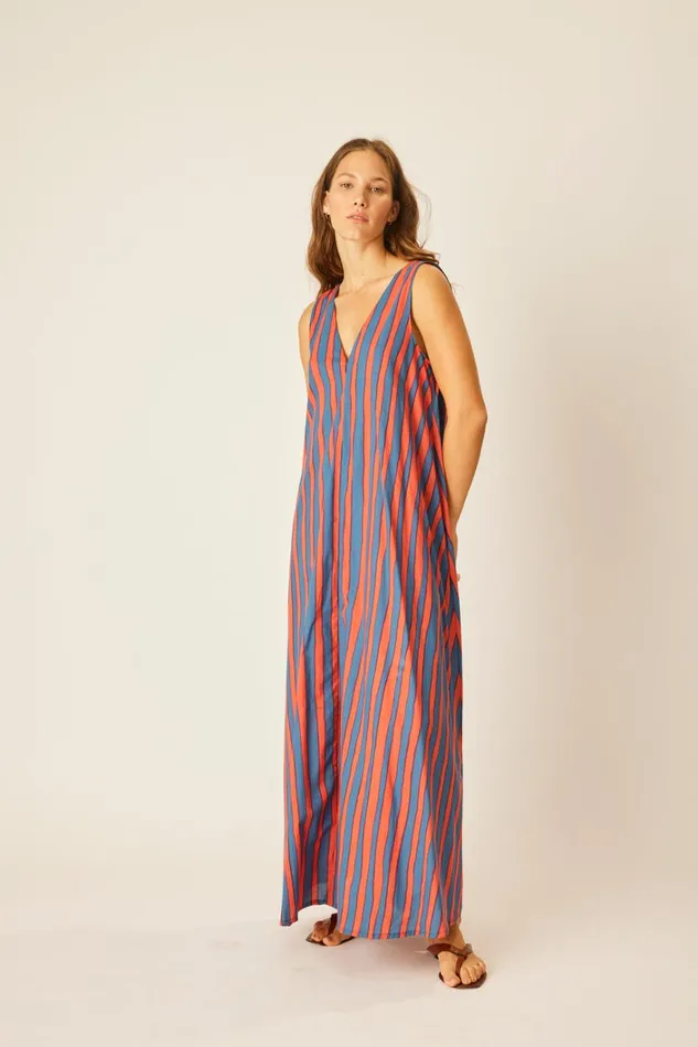 Women Natalie Martin Dresses Tova Maxi With Contrasting Belt Batik Stripe Blood Orange