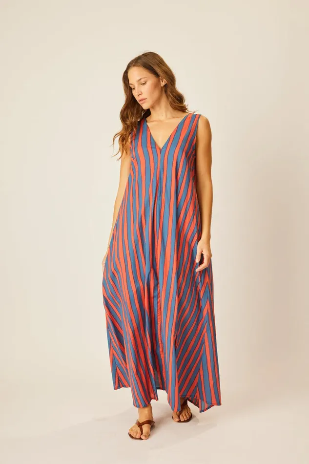 Women Natalie Martin Dresses Tova Maxi With Contrasting Belt Batik Stripe Blood Orange