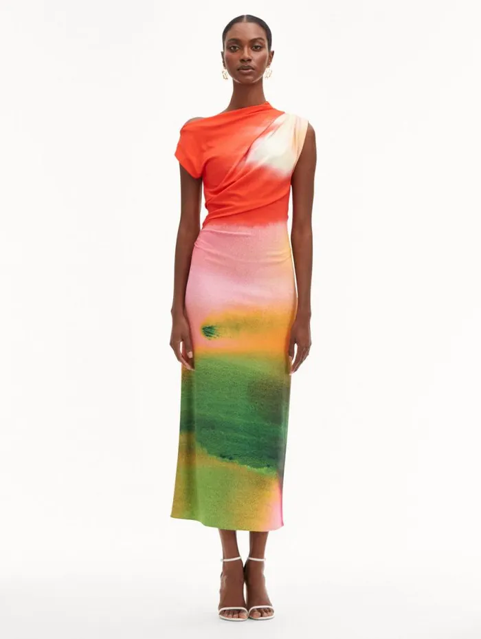 Women Oscar De La Renta Dresses Abstract Watercolor Jersey Dress Vermilion Multi Women Oscar De La Renta Dresses Abstract Watercolor Jersey Dress Vermilion Multi