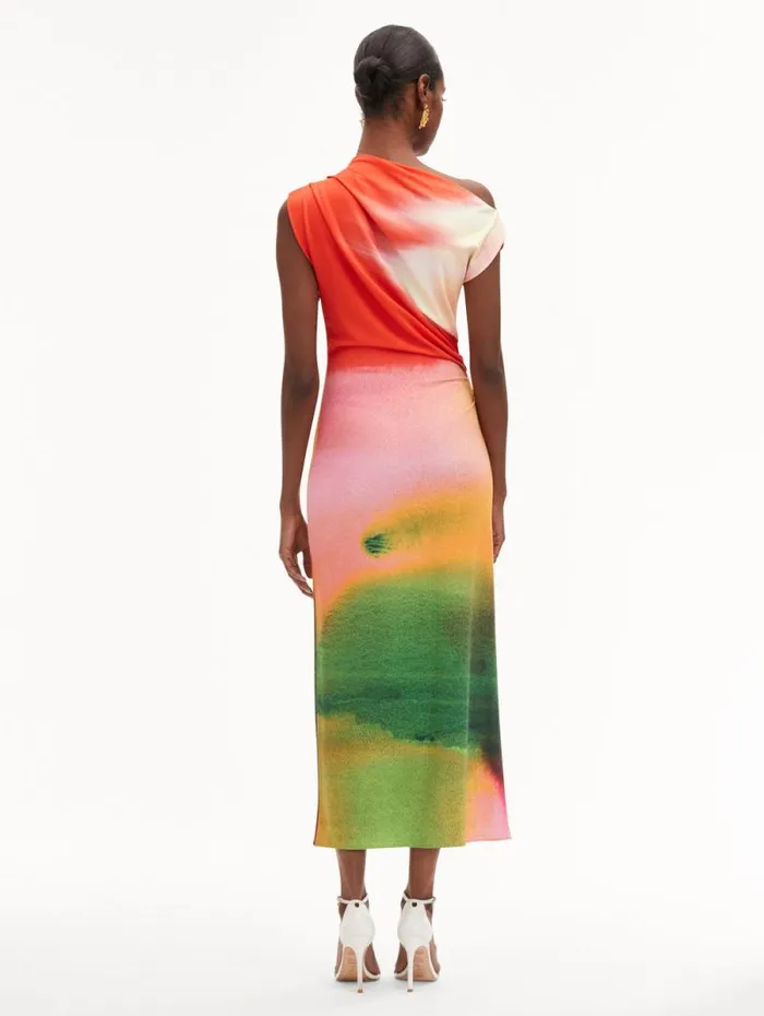 Women Oscar De La Renta Dresses Abstract Watercolor Jersey Dress Vermilion Multi Women Oscar De La Renta Dresses Abstract Watercolor Jersey Dress Vermilion Multi