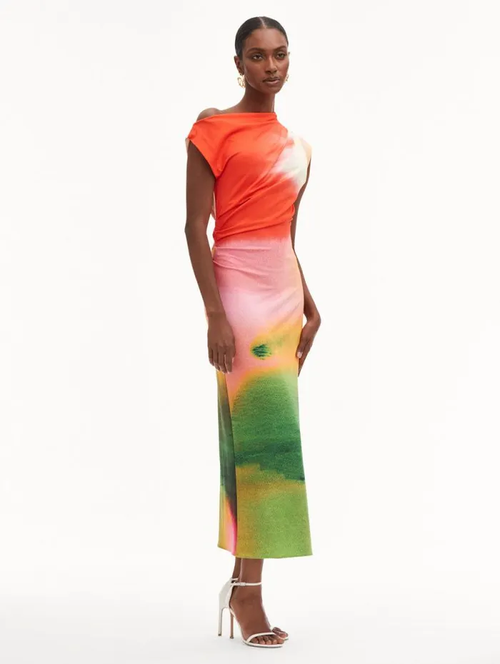 Women Oscar De La Renta Dresses Abstract Watercolor Jersey Dress Vermilion Multi Women Oscar De La Renta Dresses Abstract Watercolor Jersey Dress Vermilion Multi