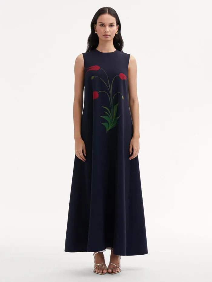 Women Oscar De La Renta Dresses Marbled Tulip Maxi Dress Navy Red Women Oscar De La Renta Dresses Marbled Tulip Maxi Dress Navy Red
