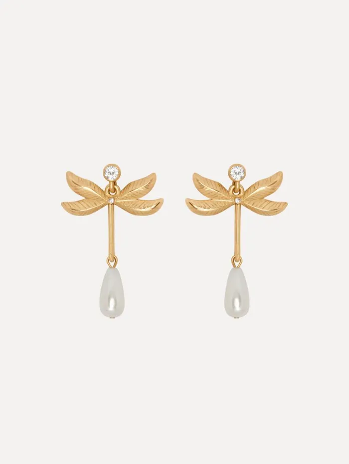 Women Oscar De La Renta Earrings Dragonfly Pearl Drop Earrings Gold