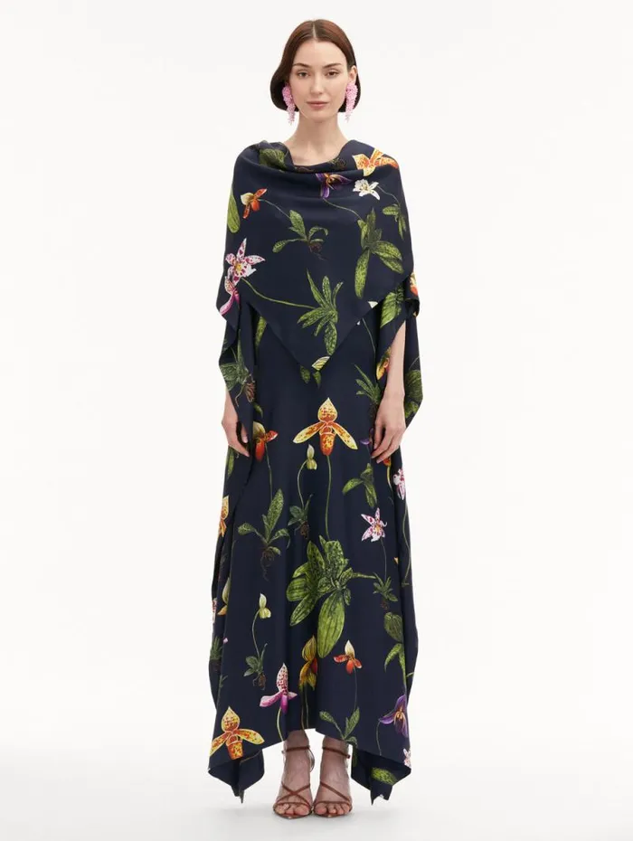 Women Oscar De La Renta Gowns and Caftans Orchid Silk Twill Caftan Navy Multi