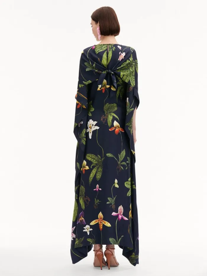 Women Oscar De La Renta Gowns and Caftans Orchid Silk Twill Caftan Navy Multi