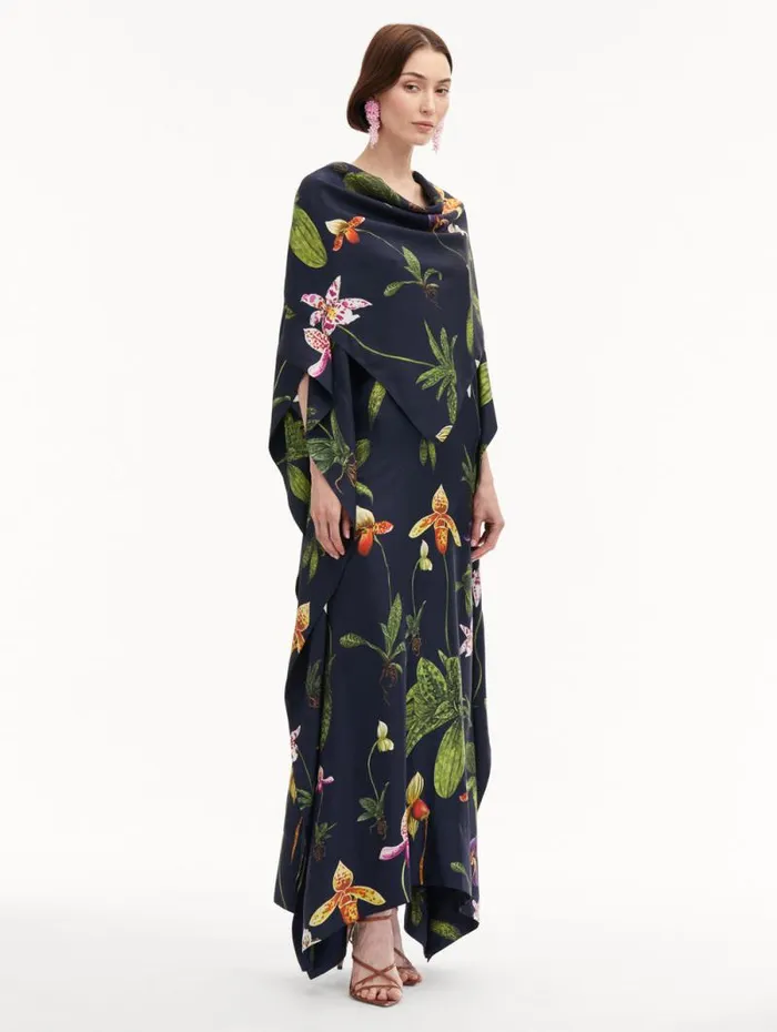 Women Oscar De La Renta Gowns and Caftans Orchid Silk Twill Caftan Navy Multi