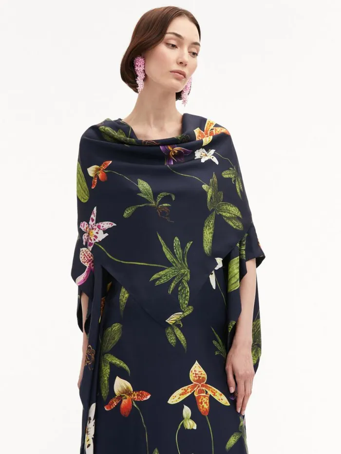 Women Oscar De La Renta Gowns and Caftans Orchid Silk Twill Caftan Navy Multi