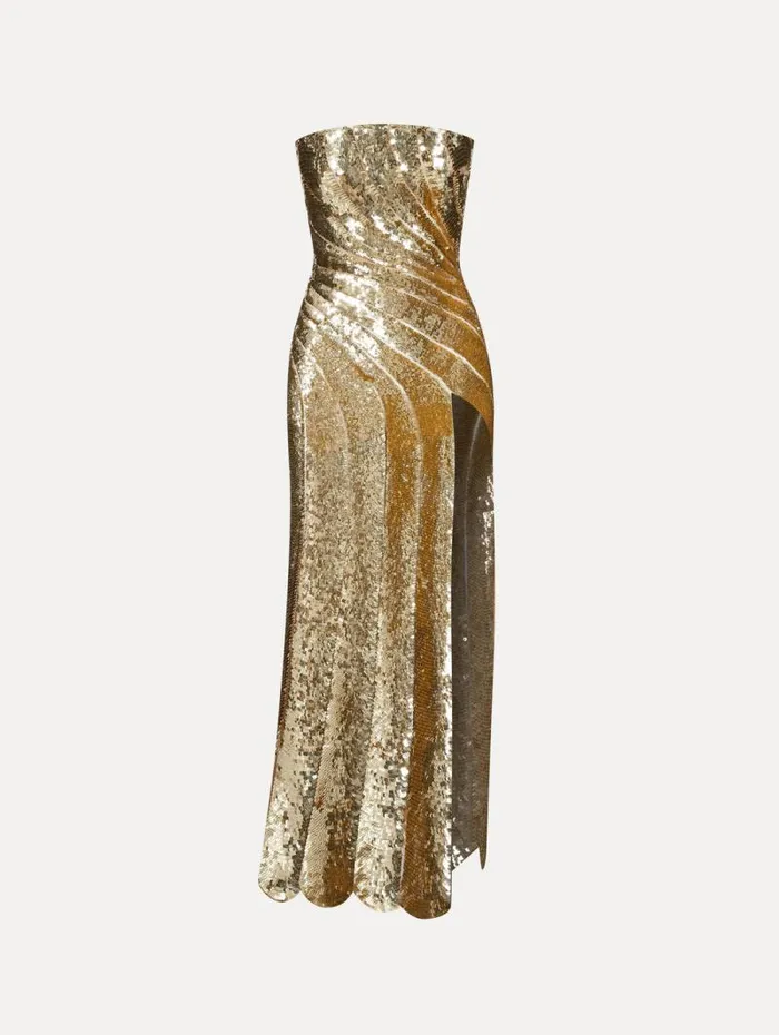 Women Oscar De La Renta Gowns and Caftans Sequin Wave and Scallop Detail Dress Gold