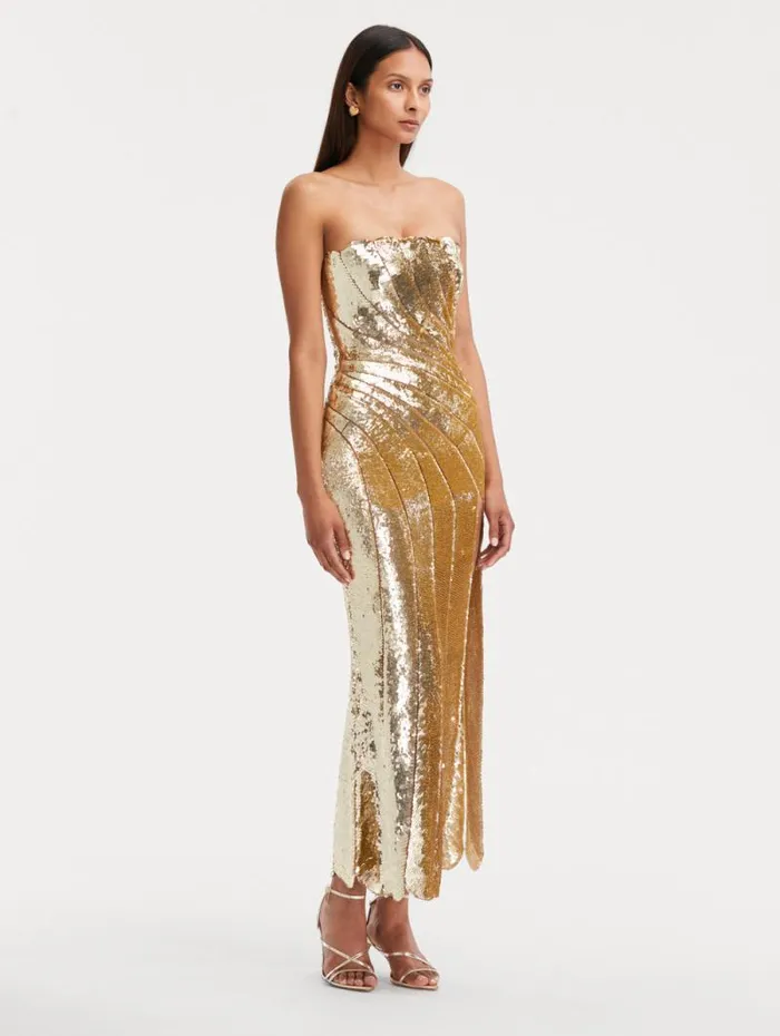 Women Oscar De La Renta Gowns and Caftans Sequin Wave and Scallop Detail Dress Gold Women Oscar De La Renta Gowns and Caftans Sequin Wave and Scallop Detail Dress Gold
