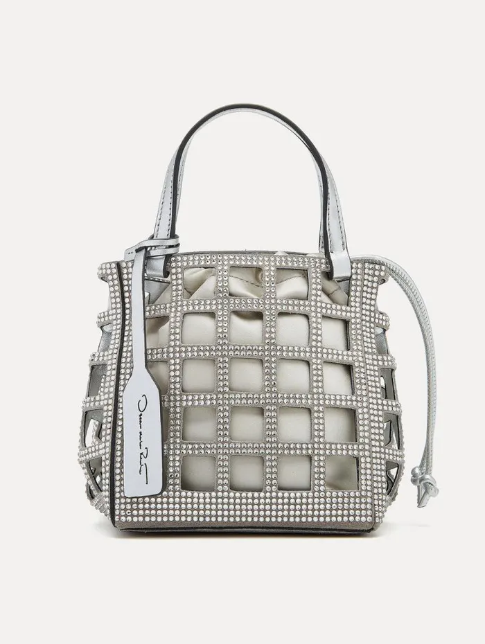 Women Oscar De La Renta Handbags Mini Crystal Grid Square Tote Silver