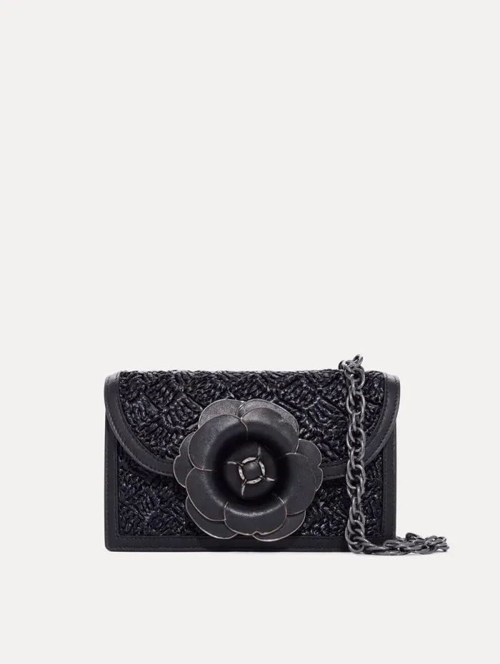 Women Oscar De La Renta Handbags Raffia Crochet TRO Bag Black