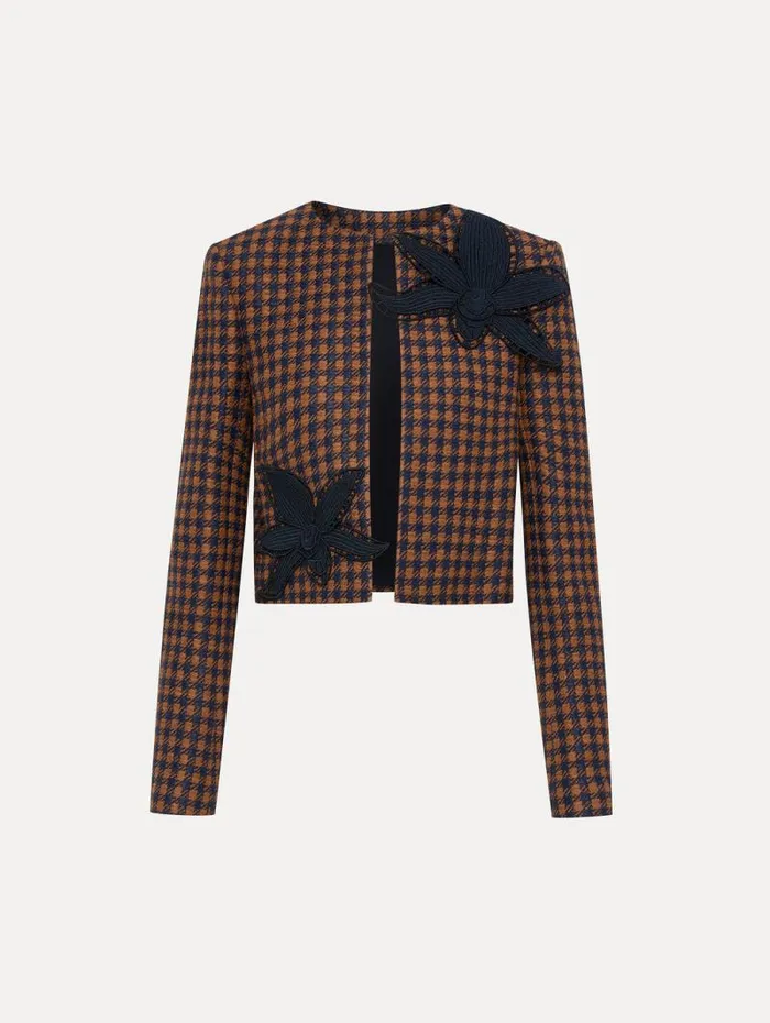 Women Oscar De La Renta Jackets and Coats Check Tweed Orchid Embroidered Jacket Cognac Navy Women Oscar De La Renta Jackets and Coats Check Tweed Orchid Embroidered Jacket Cognac Navy