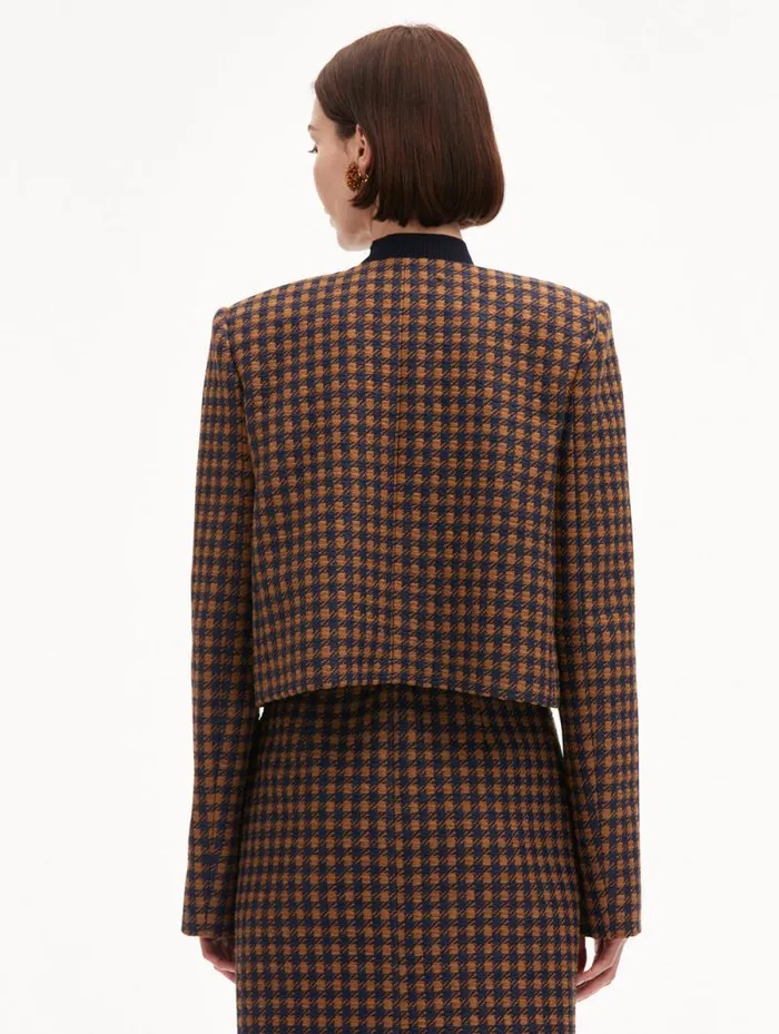 Women Oscar De La Renta Jackets and Coats Check Tweed Orchid Embroidered Jacket Cognac Navy Women Oscar De La Renta Jackets and Coats Check Tweed Orchid Embroidered Jacket Cognac Navy