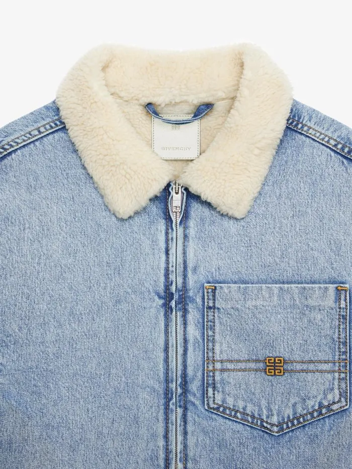 Women Outerwear and Blousons Givenchy Cropped Jacket In Denim And Shearlingeffect Collar Light Blue