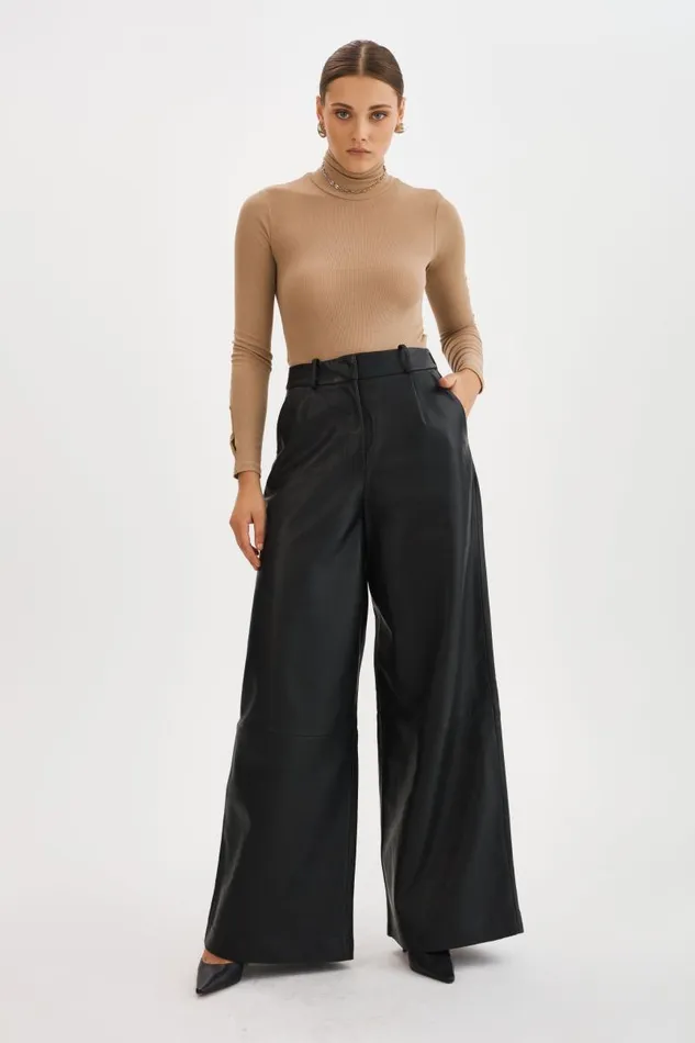 Women ROSSA Wide Leg Leather Trousers Black LAMARQUE Pants and Shorts