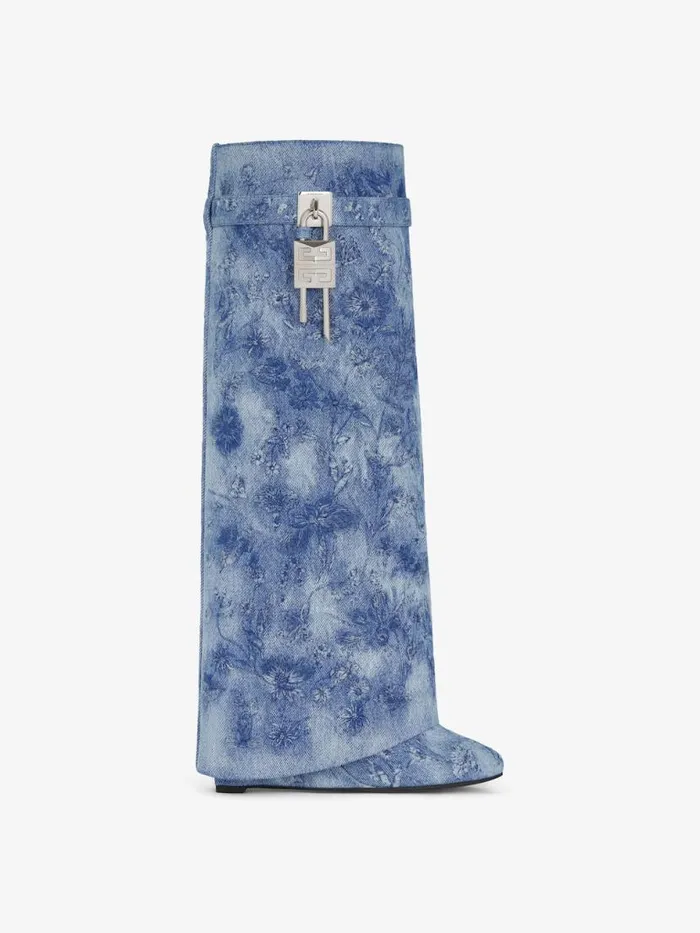 Women Shark Lock Givenchy Shark Lock Boots In Denim With Floral Embroidery Medium Blue