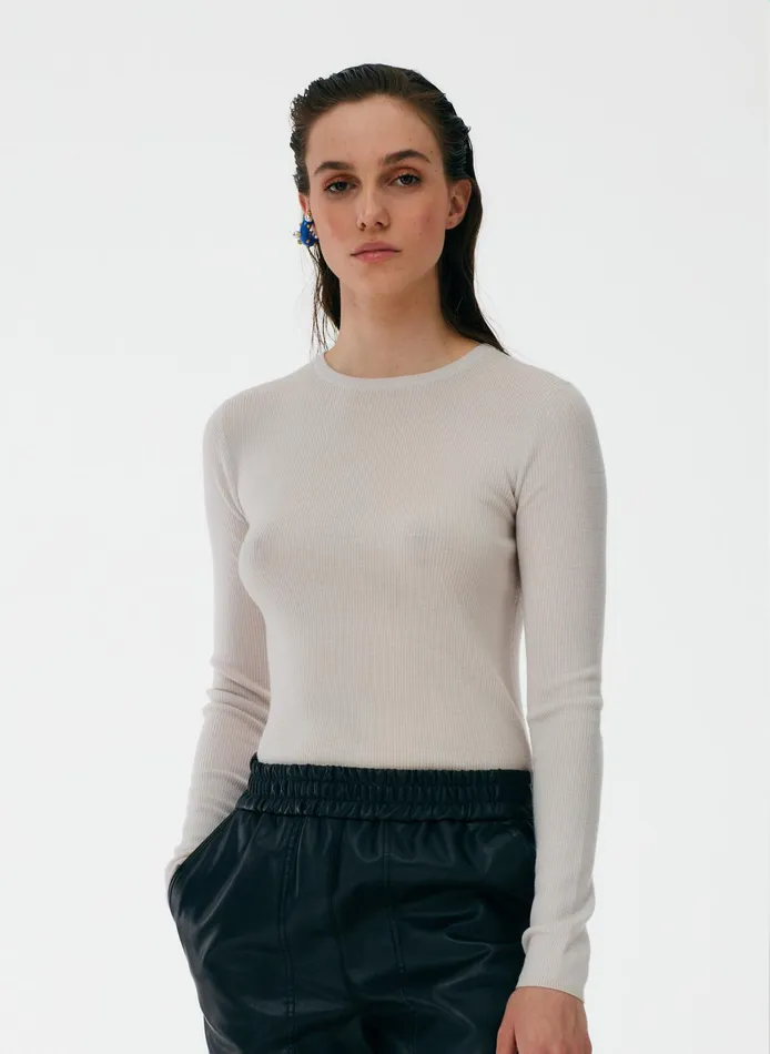 Women Tibi Knitwear and Sweatshirts Feather Weight Ribbed Crewneck Pullover Sweater