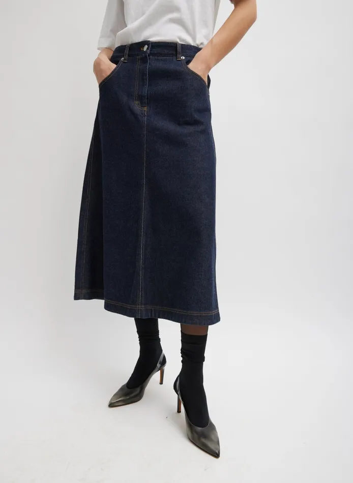 Women Tibi Skirts Indigo Denim Midi ALine Skirt