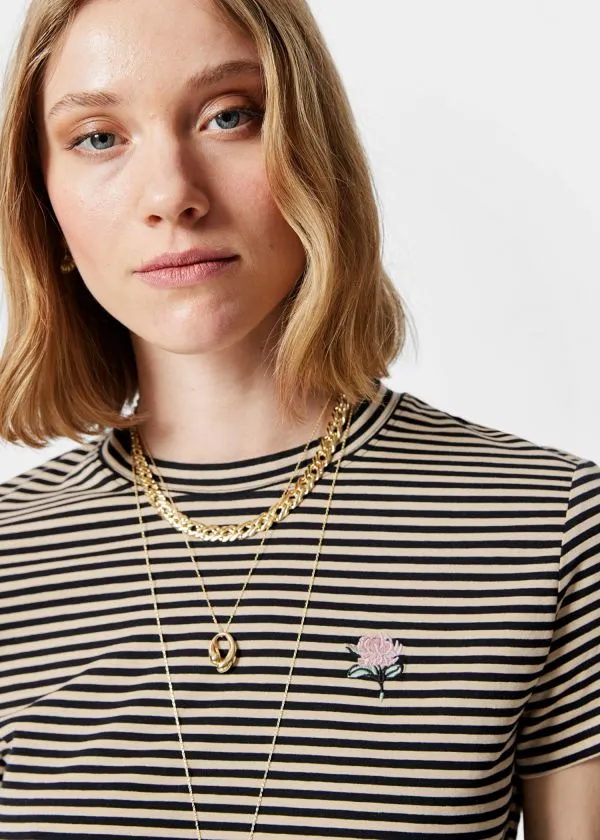 Women Tops and Tshirts and Other Stories Embroidery TShirt Beigeandblack Stripes