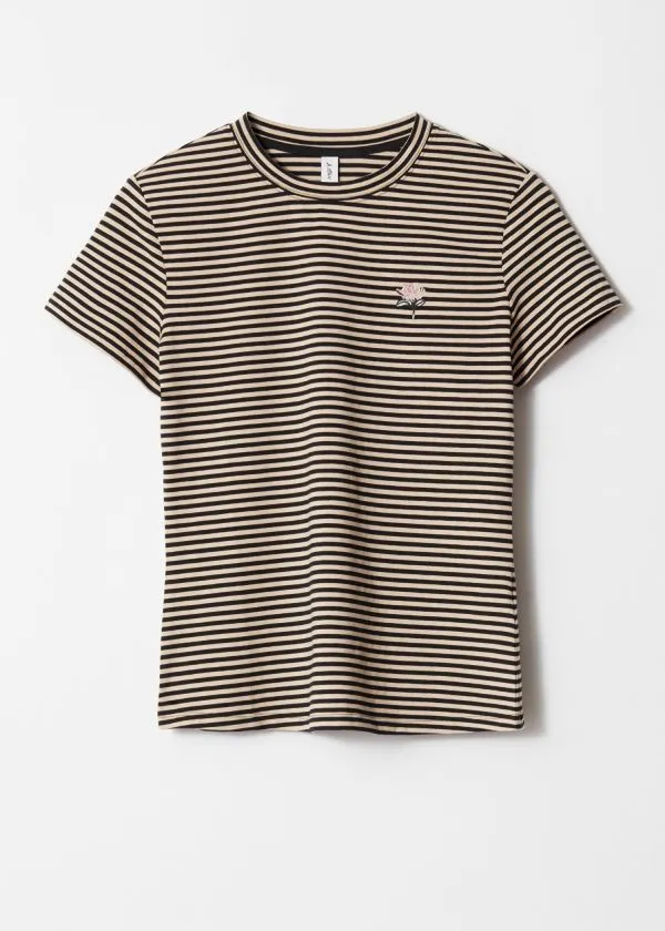 Women Tops and Tshirts and Other Stories Embroidery TShirt Beigeandblack Stripes