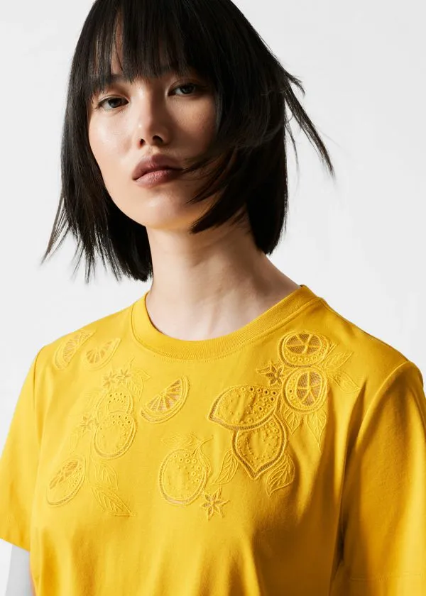 Women Tops and Tshirts and Other Stories Lemon Embroidery TShirt Yellow