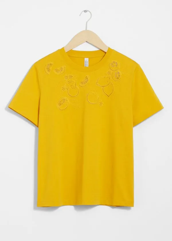 Women Tops and Tshirts and Other Stories Lemon Embroidery TShirt Yellow