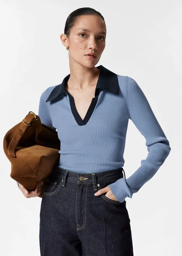 Women Tops and Tshirts and Other Stories Ribbed Polo Top Blue