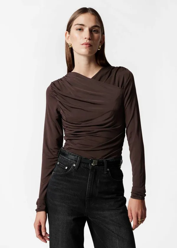 Women Tops and Tshirts and Other Stories Ruched Wrap Top Brown