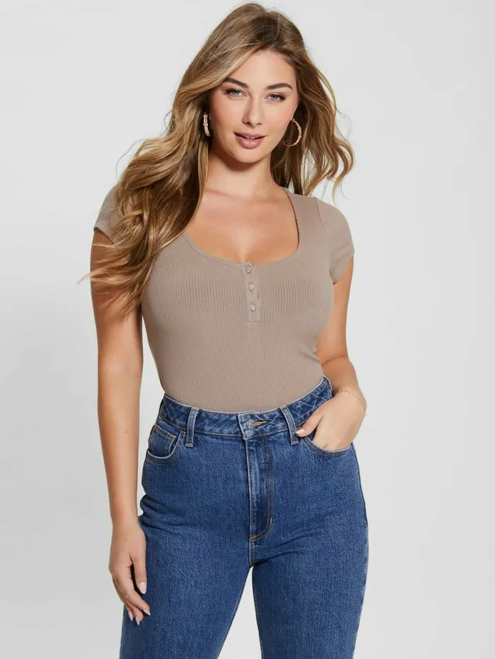 Women Tops GUESS Eco Karlee Henley Tee Silk Taupe Women Tops GUESS Eco Karlee Henley Tee Silk Taupe