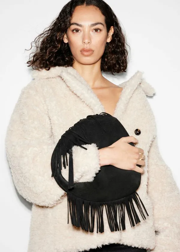Women Tote Bags and Other Stories Small Fringed Suede Bag Black Suede