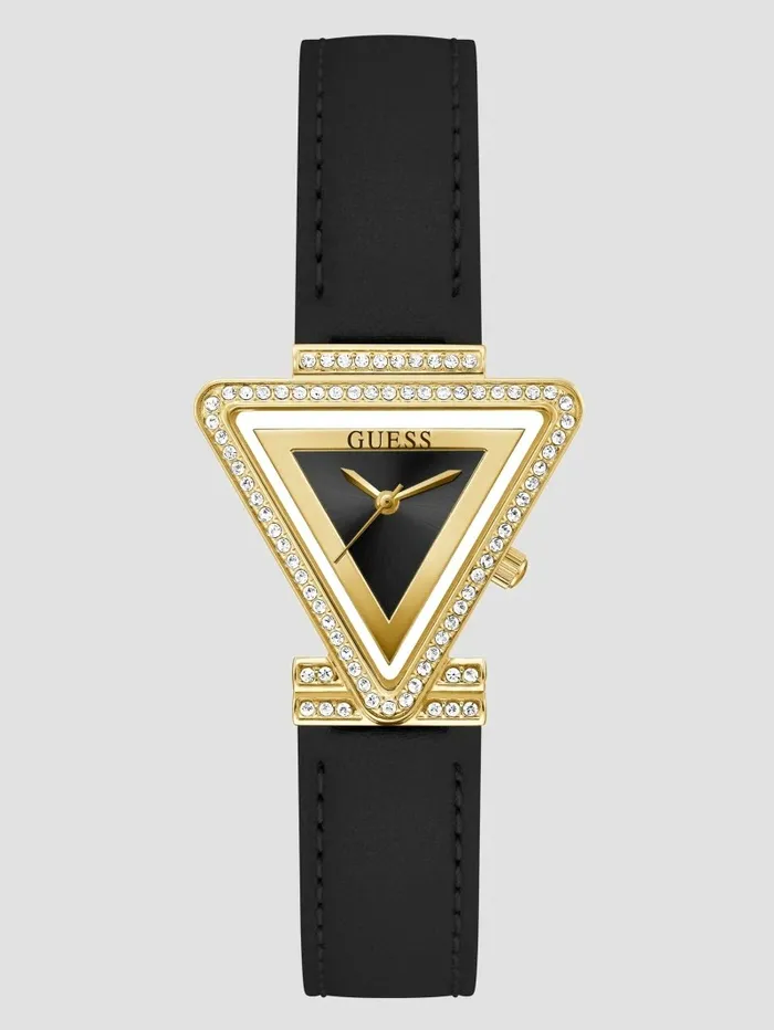 Women Watches GUESS GoldTone Triangle and Black Leather Analog Watch Black Snakeskin