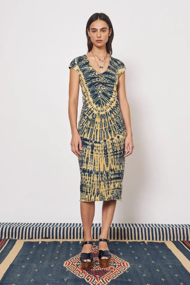 Women Yellow And Navy Zanzibar Midi Dress Raquel Allegra Dresses