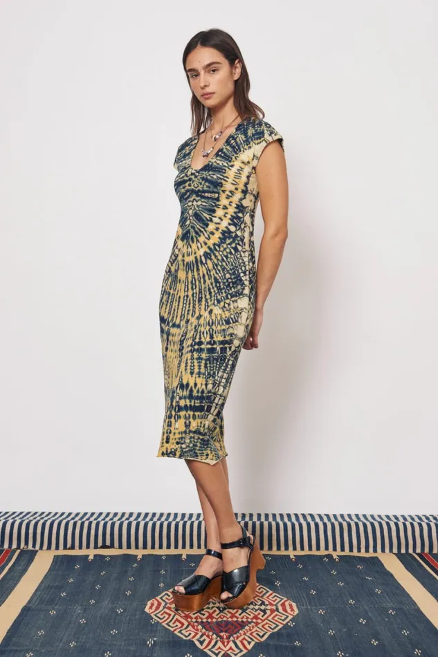 Women Yellow And Navy Zanzibar Midi Dress Raquel Allegra Dresses