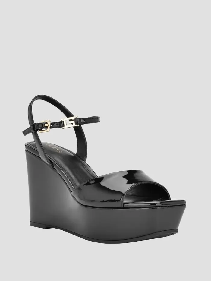 Women Zione Patent Wedges Black 001 Sandals GUESS